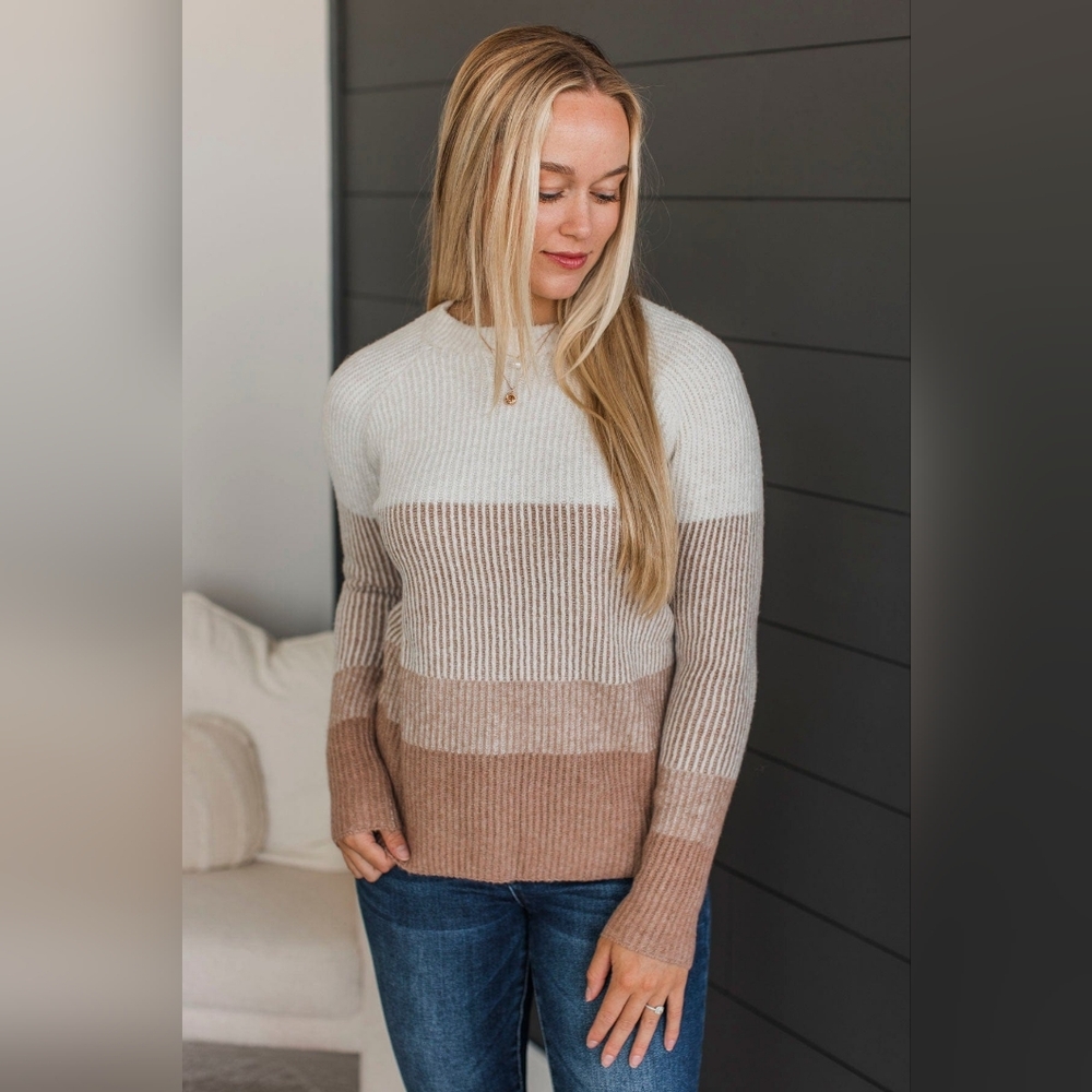 Pulse Boutique Cream & Tan Color Block Sweater Knit Sweater Size Large